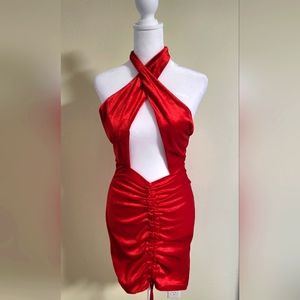 NEW Halter Cutout Drawstring Ruched Red Slit Dress Size M